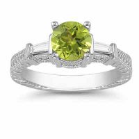 Peridot and Diamond Baguette Engagement Ring, 14K White Gold