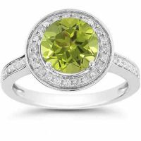 Peridot and Diamond Halo Ring in 14K White Gold