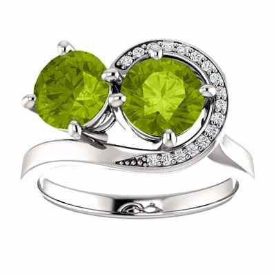 Peridot and CZ Swirl Design Two Stone Ring in Sterling Silver -  - STLRG-71807PDCZSS