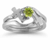 Peridot Cross Wedding Ring and Bridal Ring Set, 14K White Gold