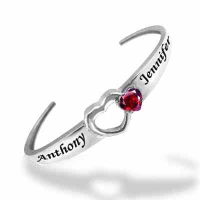 Personalized Birthstone Cuff Bangle Bracelet with Heart CZ, Sterling -  - JABR-NB30459-SS