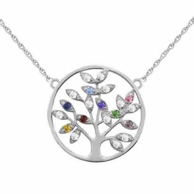 Personalized Gemstone Tree of Life Necklace, White Gold -  - MNDL-F189-W