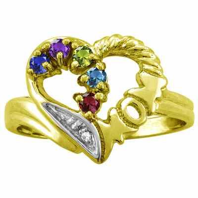 Personalized Mom Gemstone Heart Ring in Yellow Gold -  - ML-F99Y