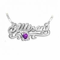 Custom Name Necklace with Heart Birthstone in Sterling Silver