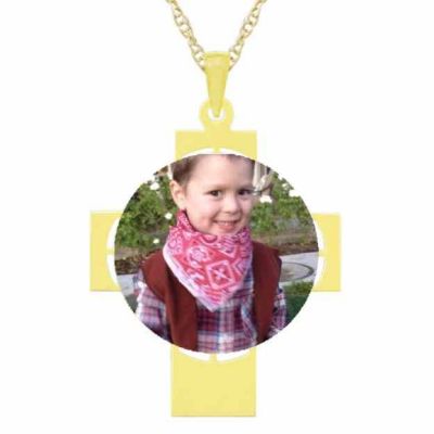 Personalized Picture Photo Cross Necklace in Gold -  - MNDL-G551Y