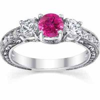 Pink Sapphire/Diamond Three Stone Antique-Style Ring 14K White Gold