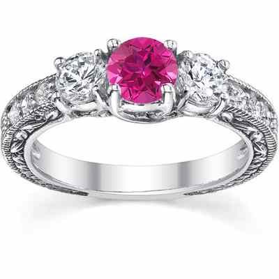Pink Sapphire/Diamond Three Stone Antique-Style Ring 14K White Gold -  - QDR-6-DPSP
