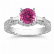 Pink Topaz and Baguette Diamond Engagement Ring in 14K White Gold