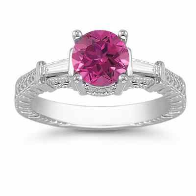 Pink Topaz and Baguette Diamond Engagement Ring in 14K White Gold -  - AOGRG-7-PT