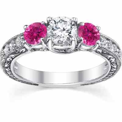 Pink Topaz and Diamond Floret Engagement Ring, 14K White Gold -  - QDR-6-PTD
