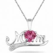 Pink Topaz and Diamond MOM Necklace, 10K White Gold