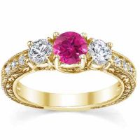 Pink Topaz/Diamond 3-Stone Antique-Style Engagement Ring, Yellow Gold