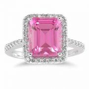 Emerald Cut Pink Topaz and Diamond Ring 14K White Gold