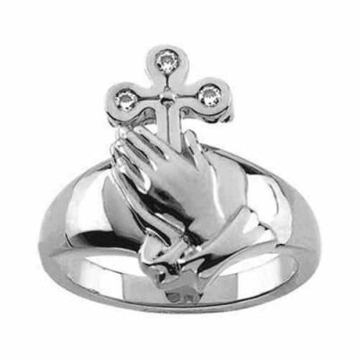 Praying Hands Diamond Cross Ring in White Gold -  - STLRG-R43018W