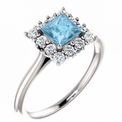 Princess-Cut Aquamarine and Diamond Halo Ring, 14K White Gold -  - STLRG-71606AQ