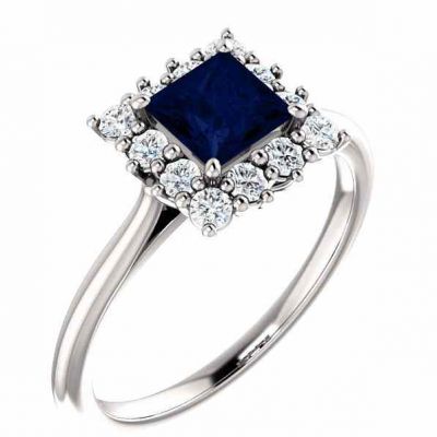 Princess-Cut Blue Sapphire and Diamond Halo Ring -  - STLRG-71606SP