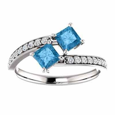 Princess Cut Blue Topaz/Diamond  Only Us  Two Stone Ring White Gold -  - STLRG-122933BTDW