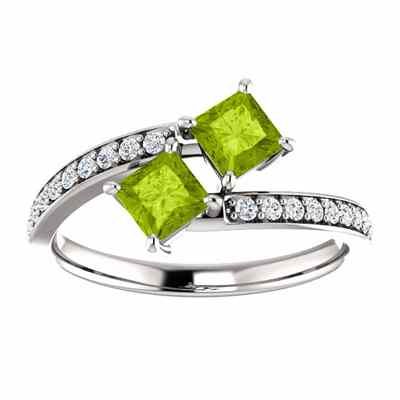 Princess Cut Peridot and CZ Two Stone Ring in Sterling Silver -  - STLRG-122933PDCZSS