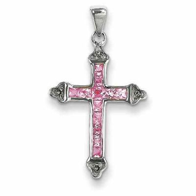 Princess-Cut Pink Sapphire Cross Necklace, 14K White Gold -  - QGCR-XP2415SP-A