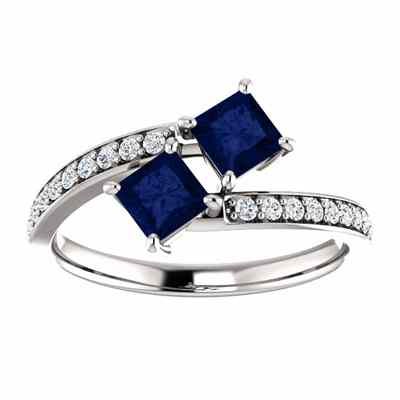 Princess Cut Sapphire/Diamond Two Stone Engagement Ring 14K White Gold -  - STLRG-122933SPDW