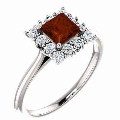 Princess-Cut Square Garnet and Diamond Halo Ring, 14K White Gold -  - STLRG-71606GT