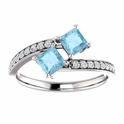 Princess Cut Two Stone Aquamarine and CZ Ring in Sterling Silver -  - STLRG-122933AQCZSS