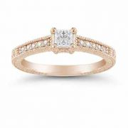 Princess Cut Vintage Floral Diamond Engagement Ring in 14K Rose Gold