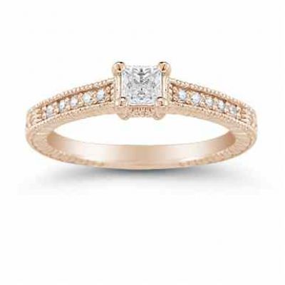 Princess Cut Vintage Floral Diamond Engagement Ring in 14K Rose Gold -  - US-ENR663R