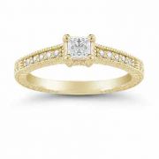 Princess Cut Vintage Floral Diamond Engagement Ring in 14K Yellow Gold