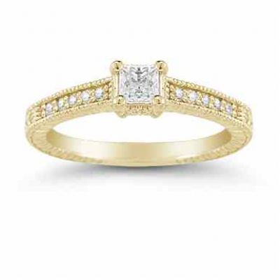 Princess Cut Vintage Floral Diamond Engagement Ring in 14K Yellow Gold -  - US-ENR663Y