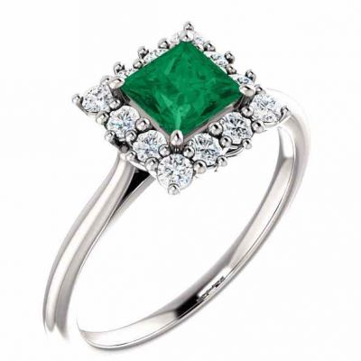 Rainforest Green Princess-Cut Topaz Diamond Halo Ring -  - STLRG-71606RFGT