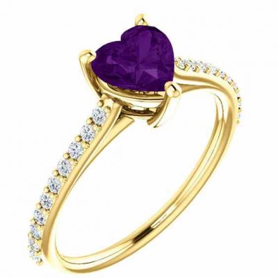 Real Purple Amethyst Heart and Diamond Ring in Yellow Gold -  - STLRG-71609AMY