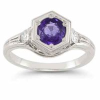Roman Art Deco Amethyst and White Sapphire Ring .925 Sterling Silver