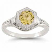 Roman Art Deco Citrine and White Sapphire Ring in .925 Sterling Silver