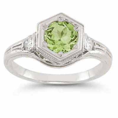 Roman Art Deco Peridot and White Sapphire Ring in .925 Sterling Silver -  - HGO-R111PDSS