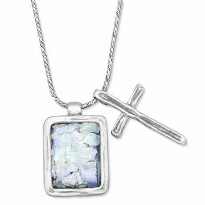 Roman Glass Pendant with Cross Necklace, Sterling Silver -  - MMACR-34043