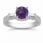 Round Amethyst/Baguette Diamond Engraved Engagement Ring, White Gold
