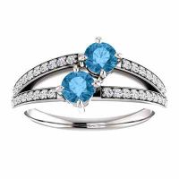 Round Blue Topaz Two Stone Ring with CZ Accents in Sterling Silver