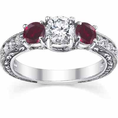 Ruby and Diamond Floret Engagement Ring, 14K White Gold -  - QDR-6-RBD