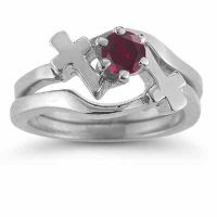 Ruby Cross Wedding Ring and Bridal Engagement Set, 14K White Gold