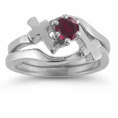 Ruby Cross Wedding Ring and Bridal Engagement Set, 14K White Gold -  - AOGEGR-3632RBW