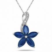 Sapphire and Diamond Flower Pendant in 10K White Gold
