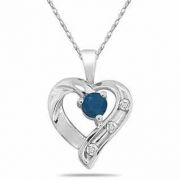 Sapphire and Three Stone Diamond Heart Pendant, 14K White Gold