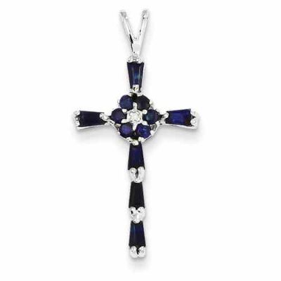 Sapphire Flower Cross Necklace, 14K White Gold -  - QGCR-XWR172