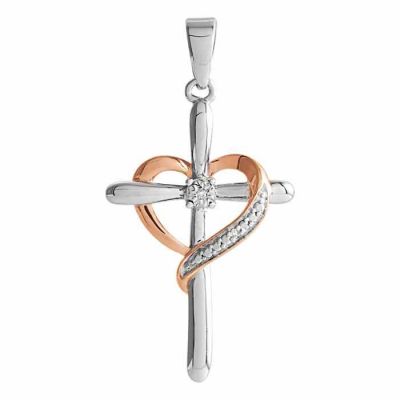 Silver and Rose Diamond Cross and Heart Pendant -  - STLCR-651053