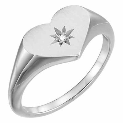 Silver Diamond Heart Signet Ring -  - STLRG-122818SS