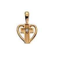 Small Diamond Heart Cross Pendant, 14K Gold