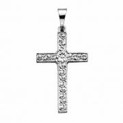Small Women's Flower Etched Cross Pendant in 14K White Gold