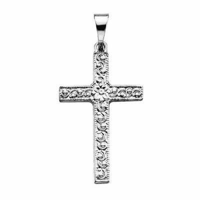 Small Women s Flower Etched Cross Pendant in 14K White Gold -  - STLCR-R16200-W
