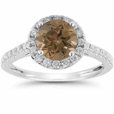 Smokey Quartz and Diamond Halo Gemstone Ring in 14K White Gold -  - RXP-DR-21591SQ